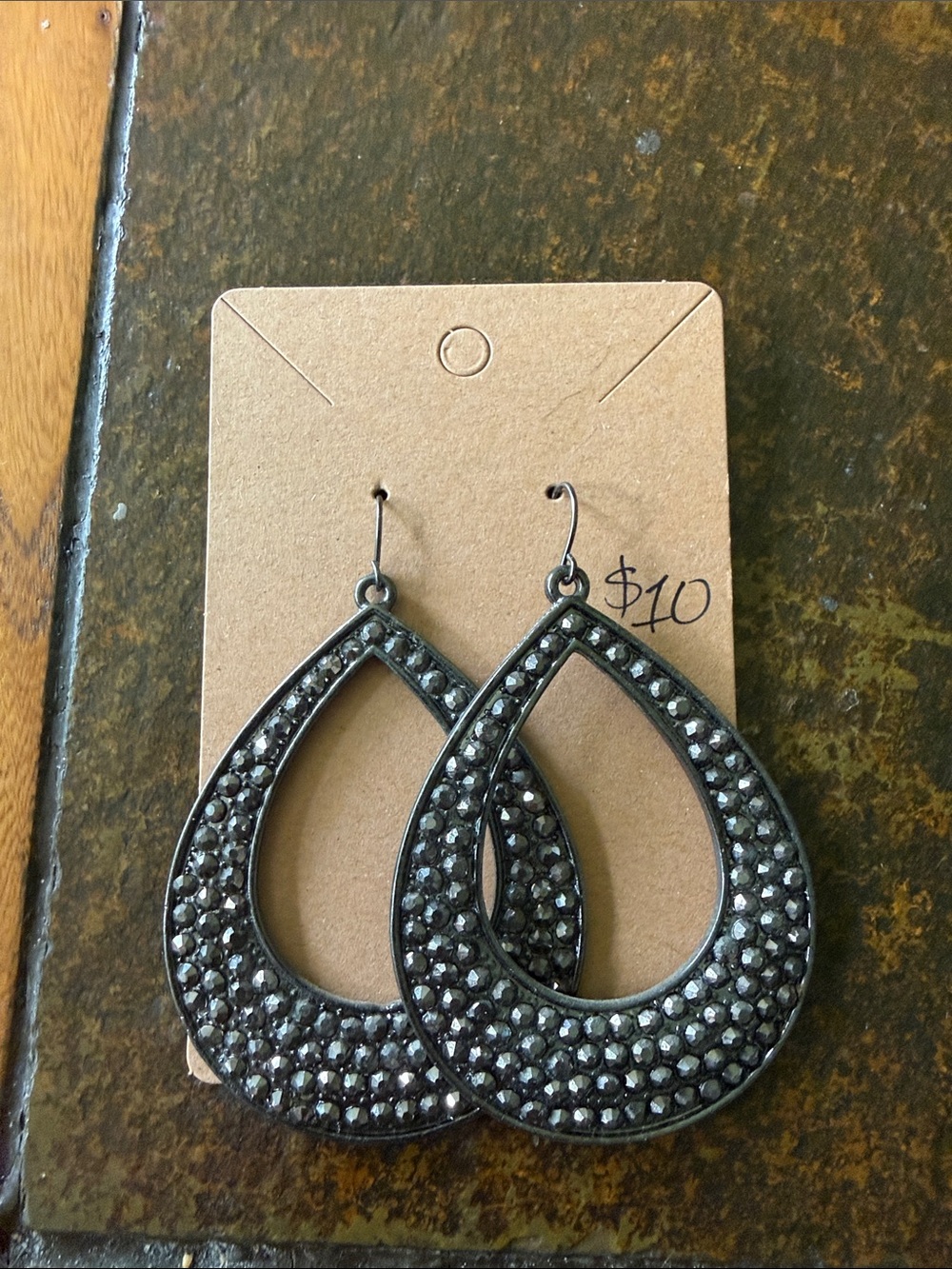 Rhinestone Teardrop Hoop Earrings - Black
